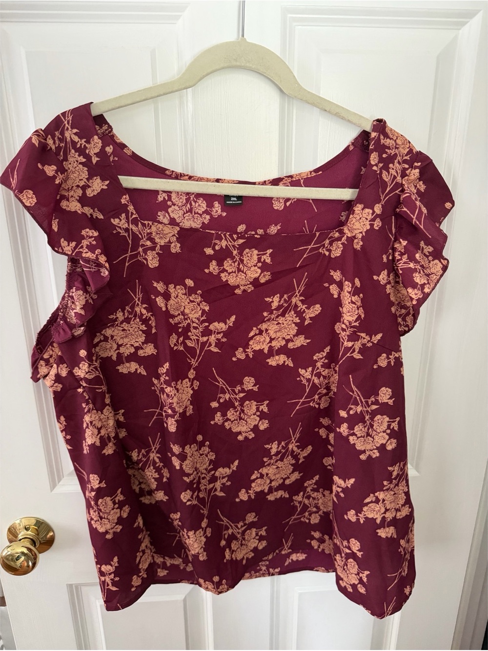 SHEIN Burgundy Floral Ruffle Sleeve Blouse